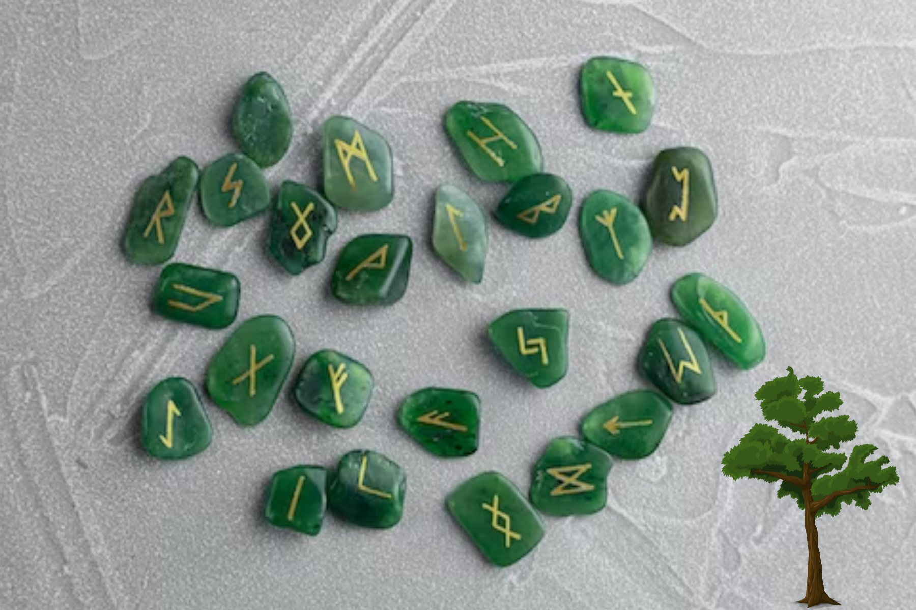 Next to a little tree are twenty-five green gemstones with symbols