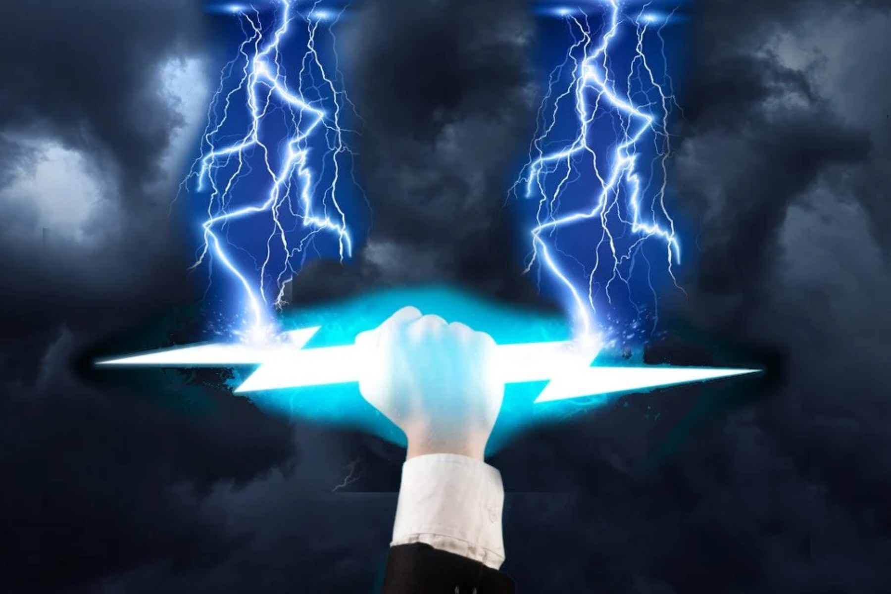 A man's hand holding a lightning sign while collecting energy from genuine lightning
