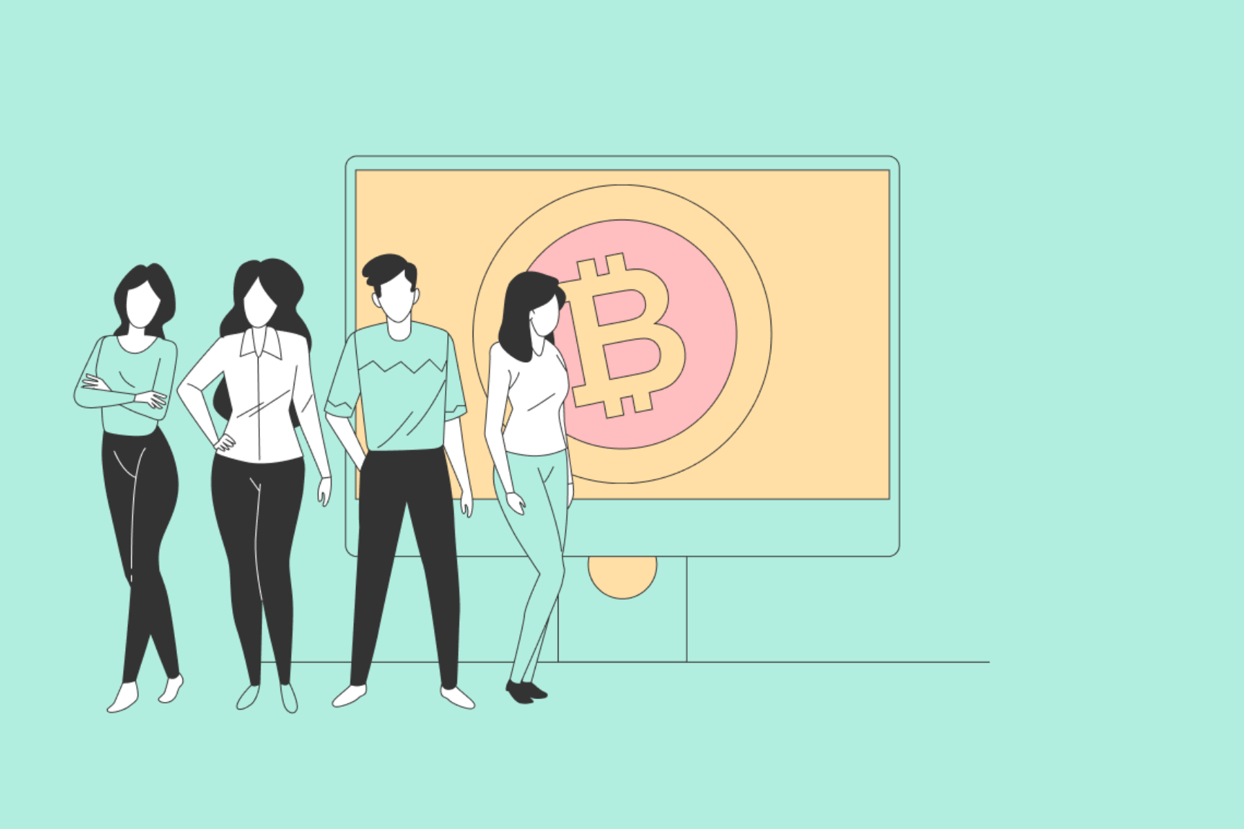 A group of four individuals standing in front of a large monitor displaying a Bitcoin