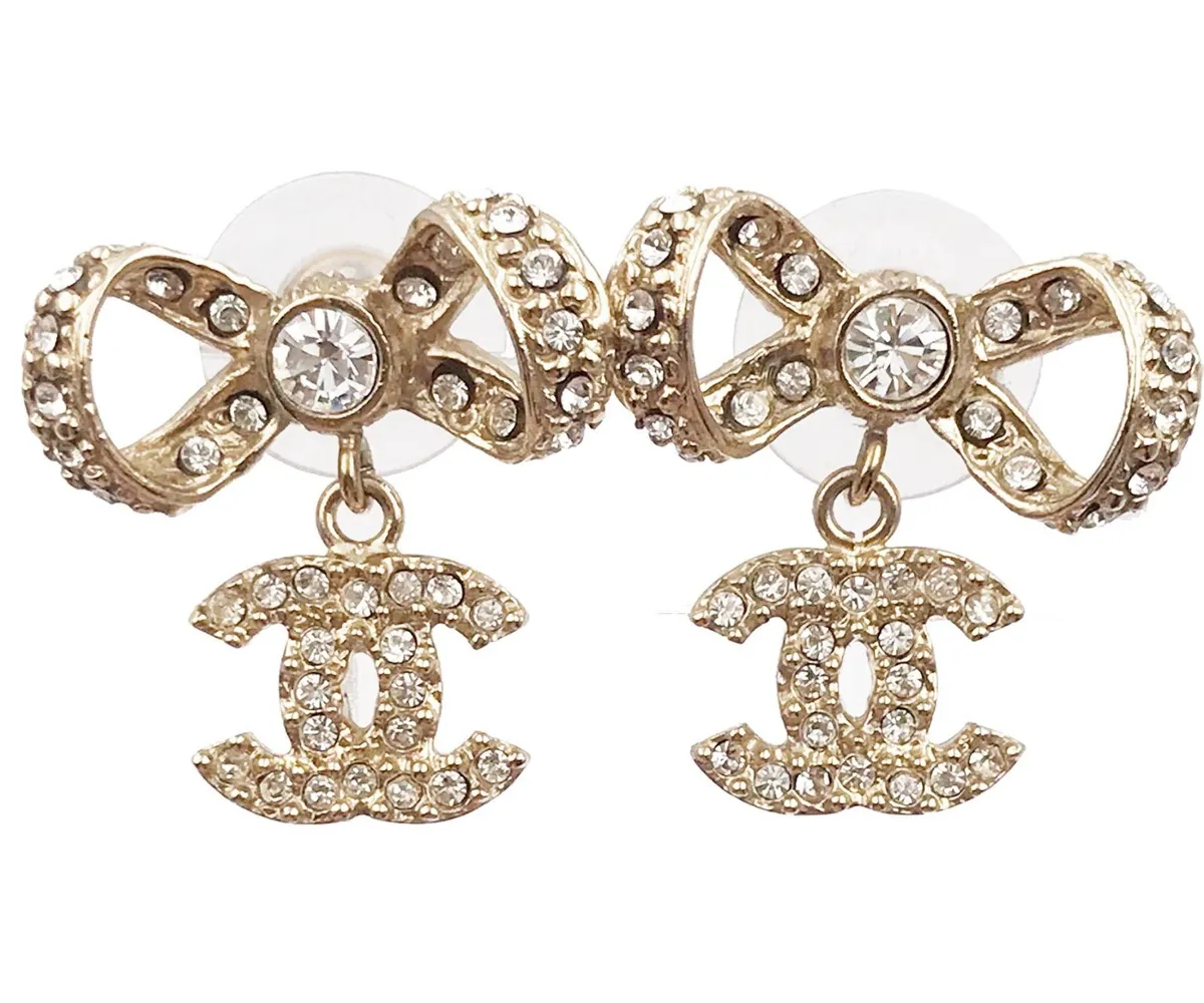 Chanel Light Gold Ribbon Crystal Piercing Earrings