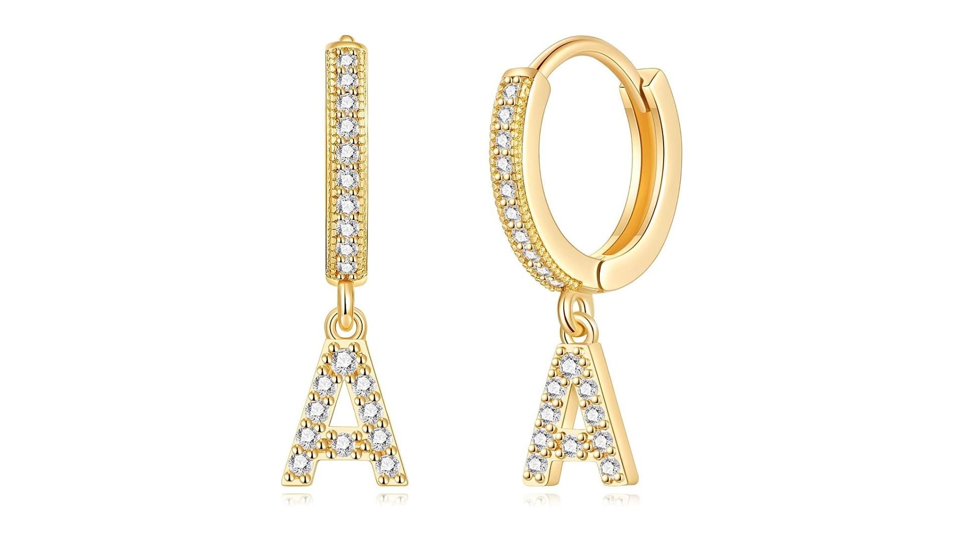 Solid Gold Diamond Hoop Dangling Letter Initial Earrings