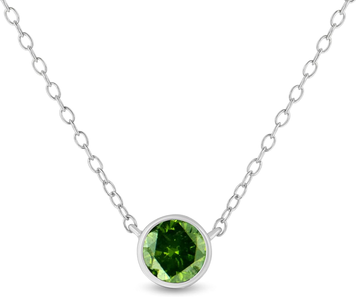 Silver Bezel Set Green Diamond Pendant Necklace