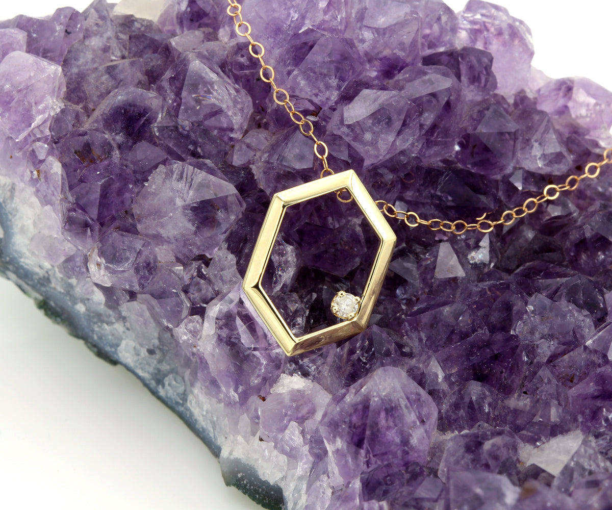 Gold Hexagon Diamond Solitaire Necklace