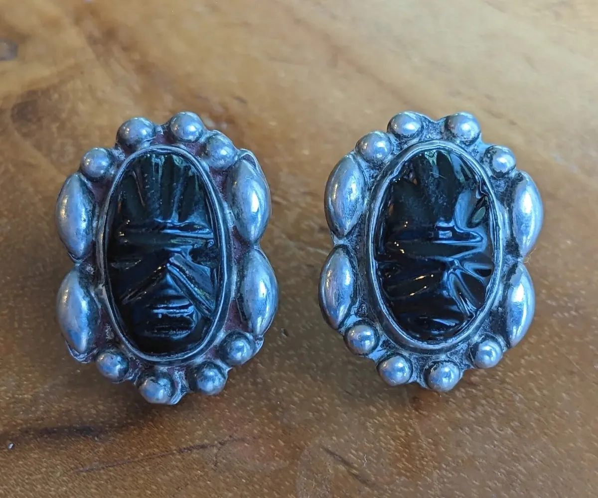 Vintage Sterling Silver Earrings Scarab Beetle