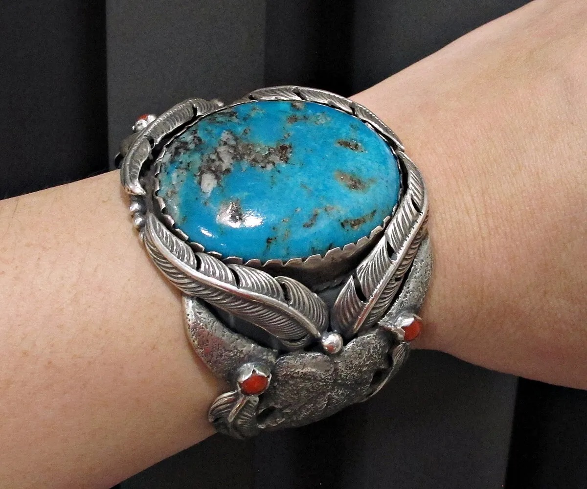 Native American Hand Made Turquoise Sterling Silver Cuff Bracelet