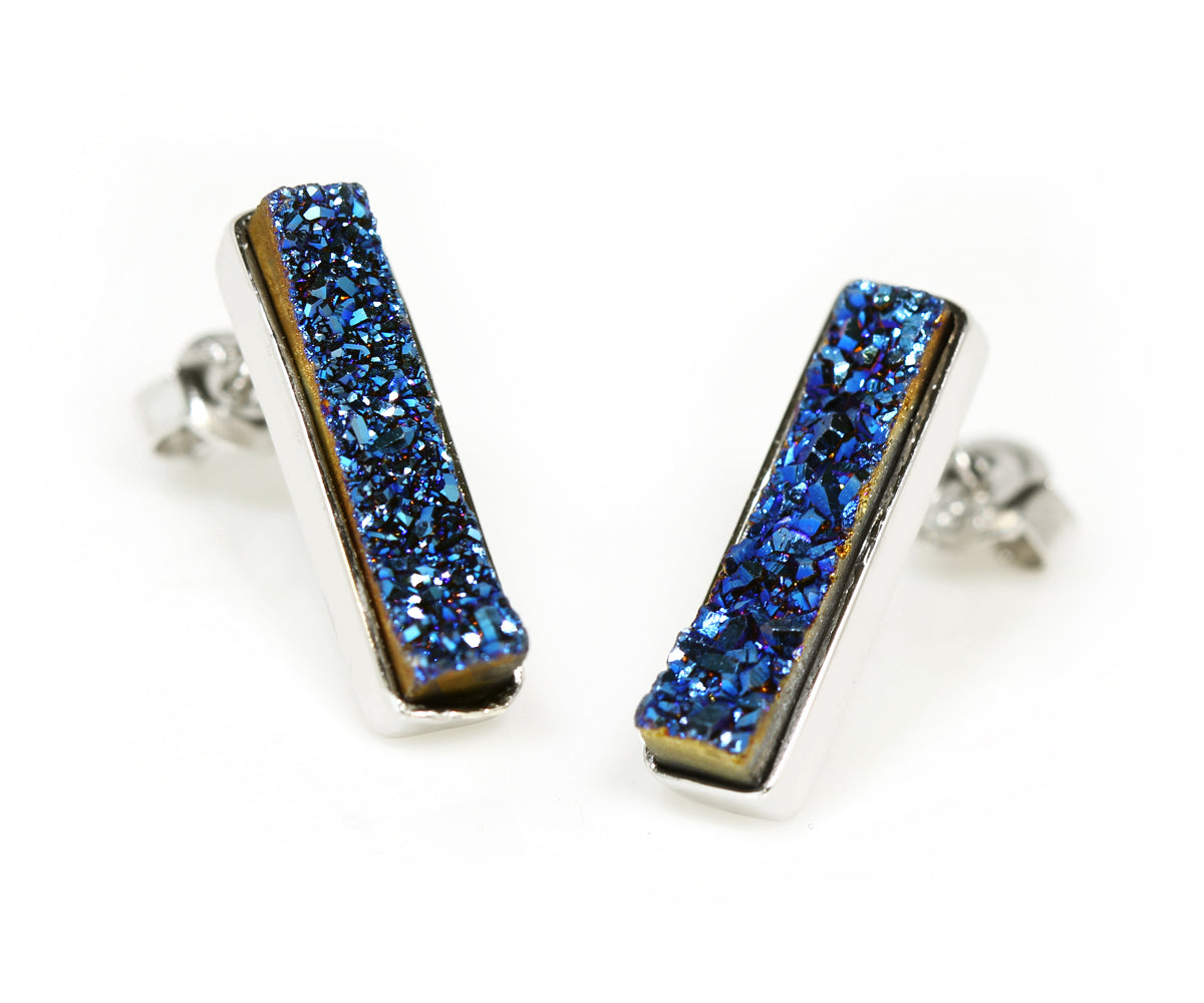 Thin Rectangle Blue Druzy Stud Earrings