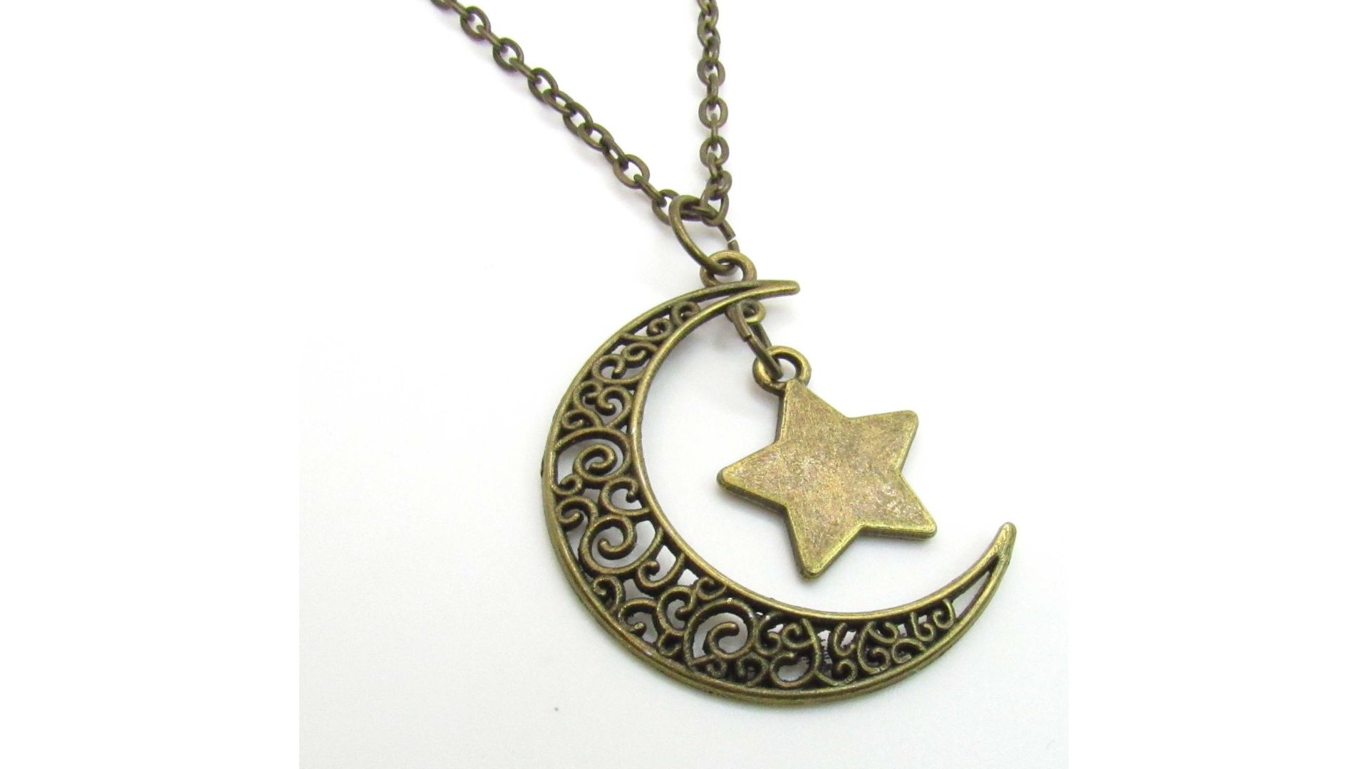 Filigree Crescent Moon and Star Celestial Pendant Necklace
