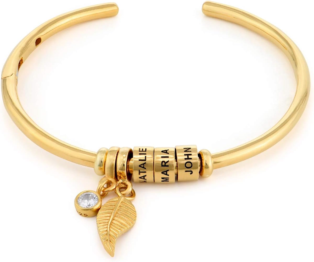 Personalized “Linda” Open Bangle Bracelet with Engraved Beads