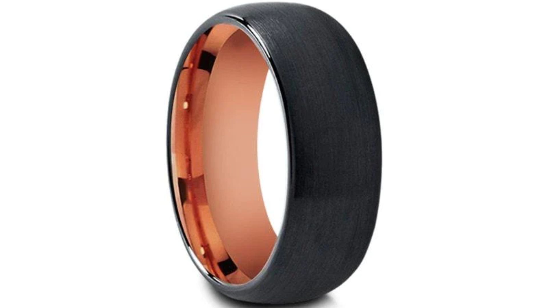 8MM Brushed Black Tungsten Wedding Band Dome And Rose Gold Interior 