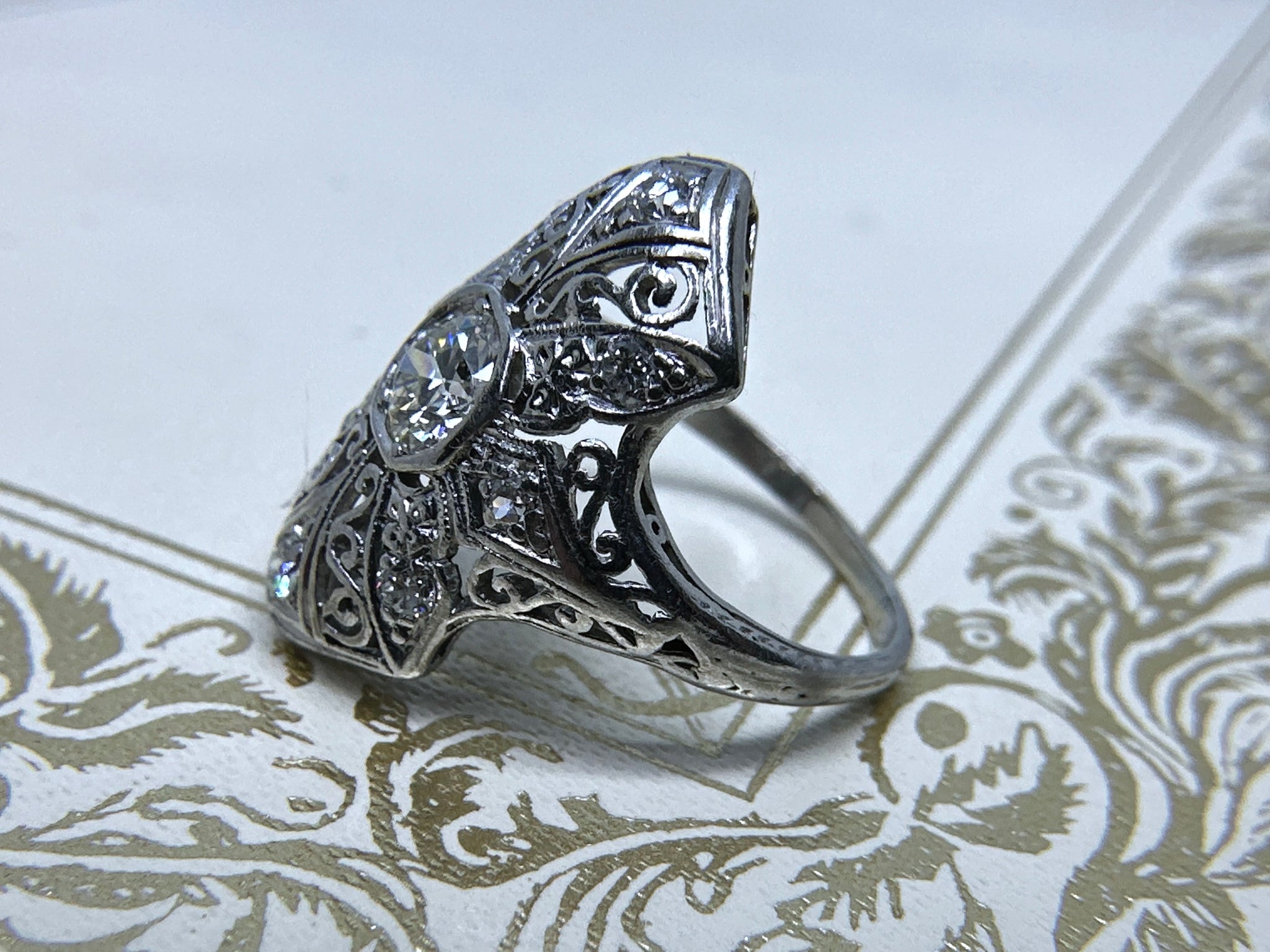 Edwardian Diamond Navette Filigree Ring In Platinum