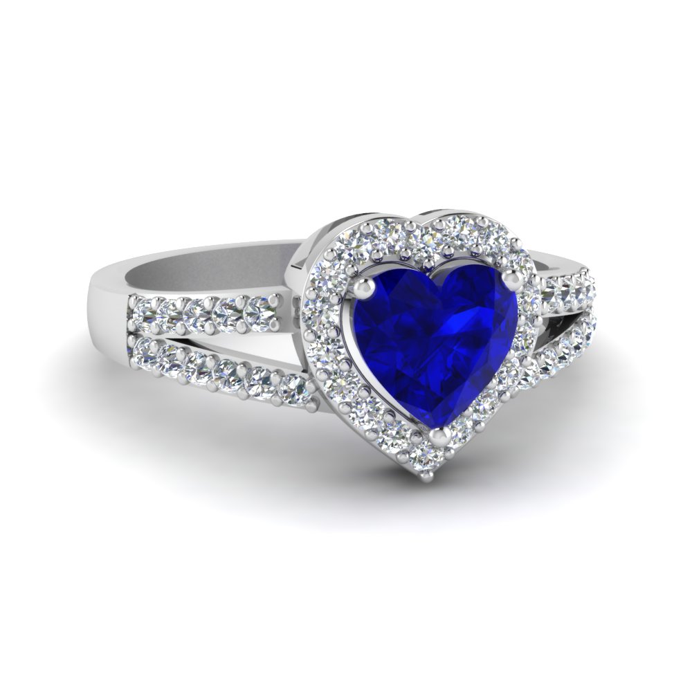 Sapphire Heart Halo Engagement Ring In 18K White Gold