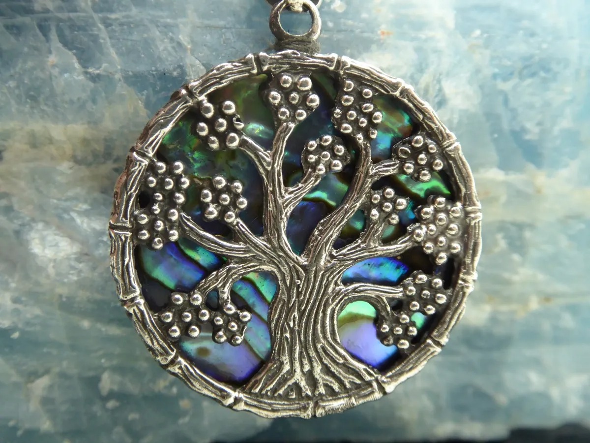 Vintage Tree Of Life Sterling Double Sided Abalone Shell Pendant