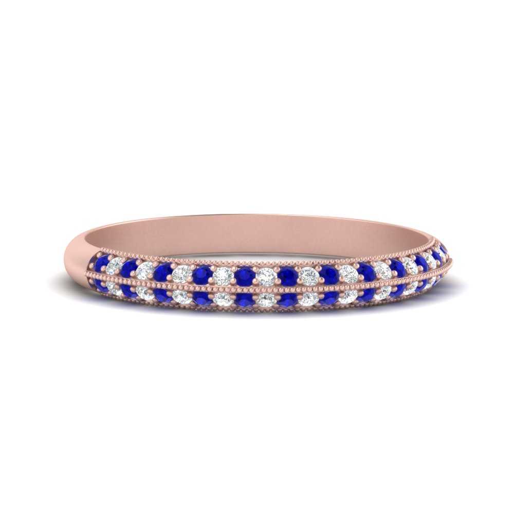 Pave Knife Edge Diamond Wedding Band With Sapphire In 14K Rose Gold