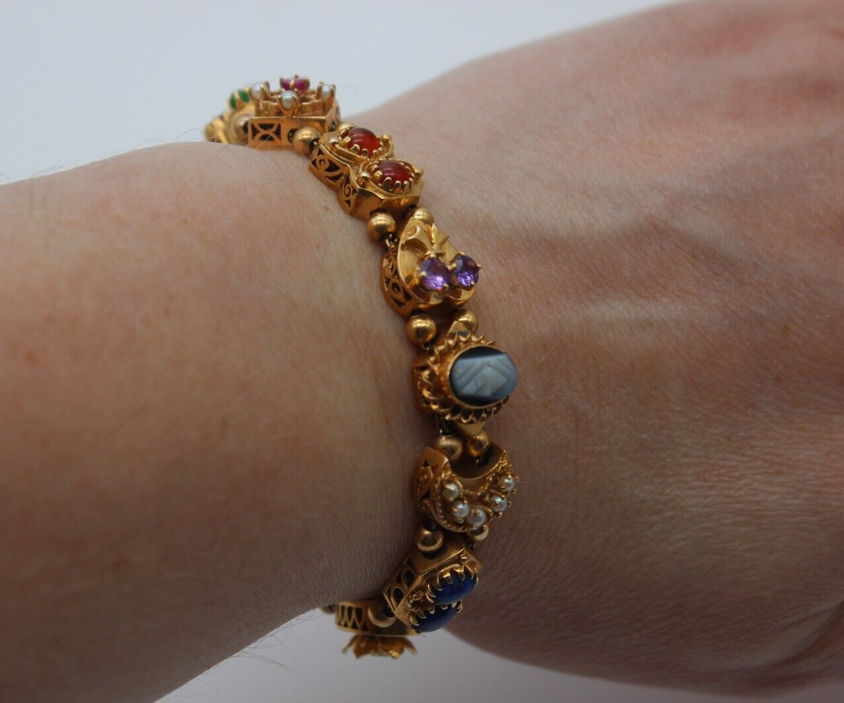 Vintage Victorian Revival style 14k gold gemstone slide link charm bracelet