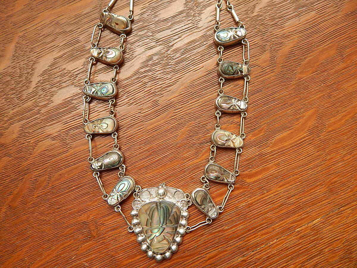 Vintage Mayon Aztec Carved Abalone Face Sterling Silver Necklace