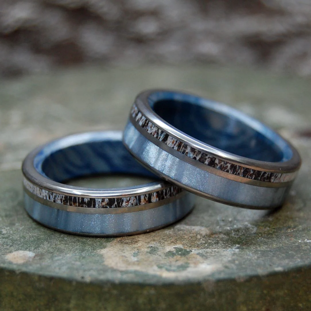 Moose Antler & Gray Pearl Titanium Wedding Ring Set