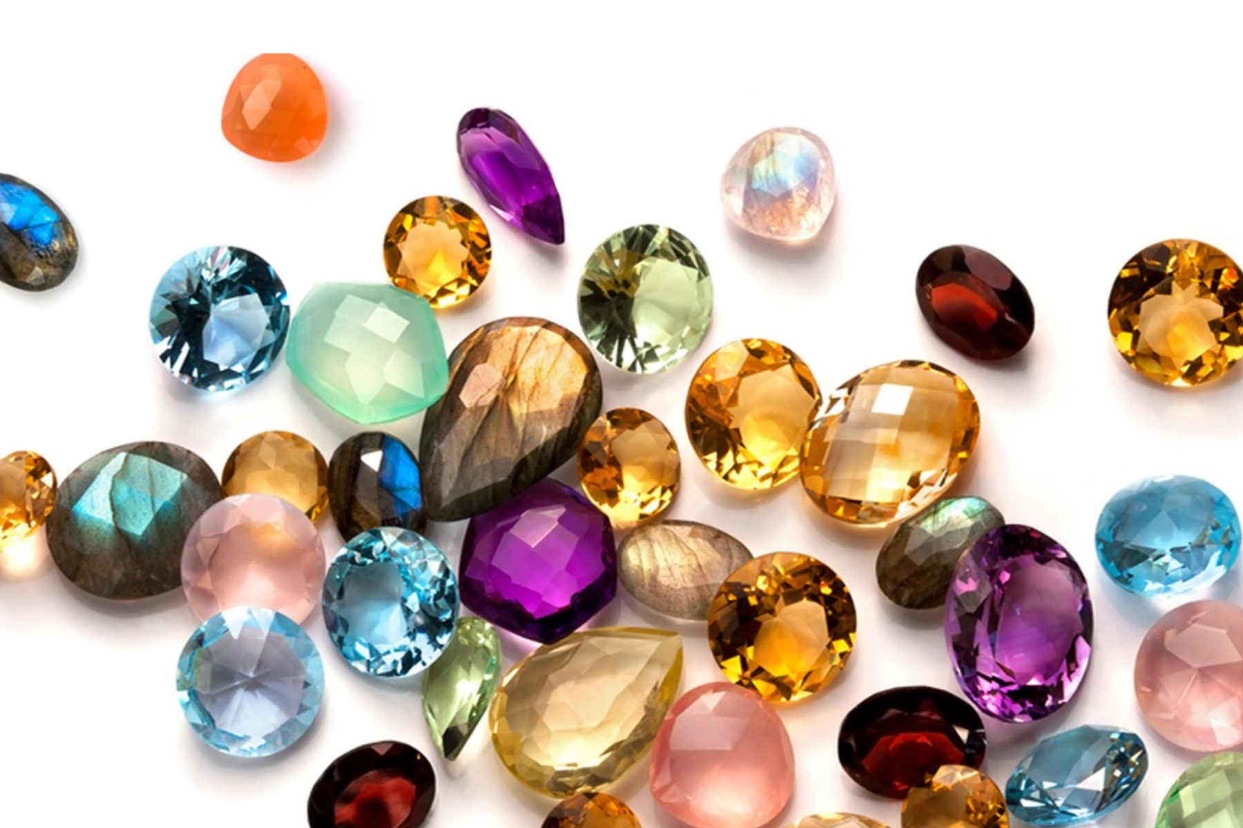 Different types, shapes, sizes, and colors of birthstones