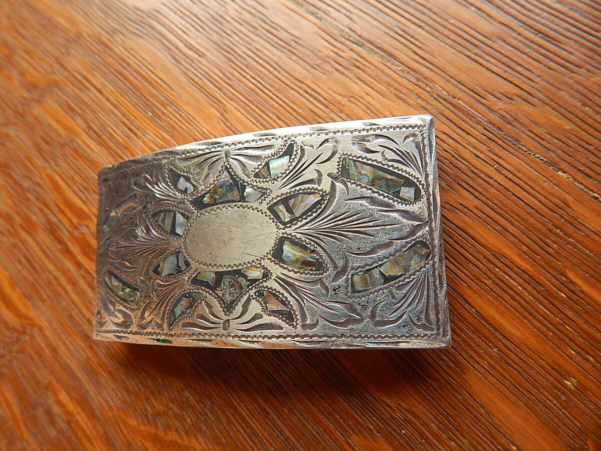 Vintage Guadalajara Mexico Sterling Silver Abalone Inlay Belt Buckle