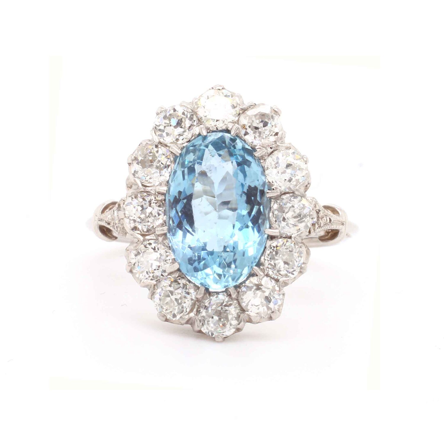 Edwardian Style Oval Aquamarine & Diamond Cluster Ring