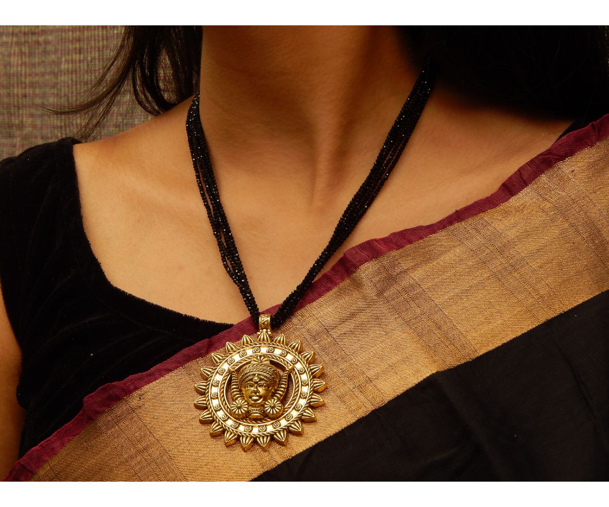 Oxidized Gold Goddess Durga Pendant with Black Hydro beads