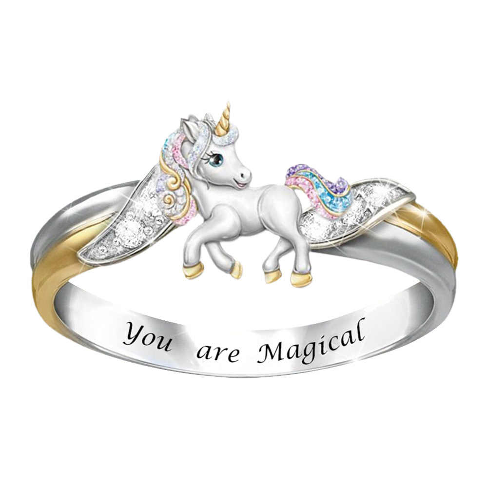 Sterling Silver Finger Ring Pink Enamel Cute Unicorn