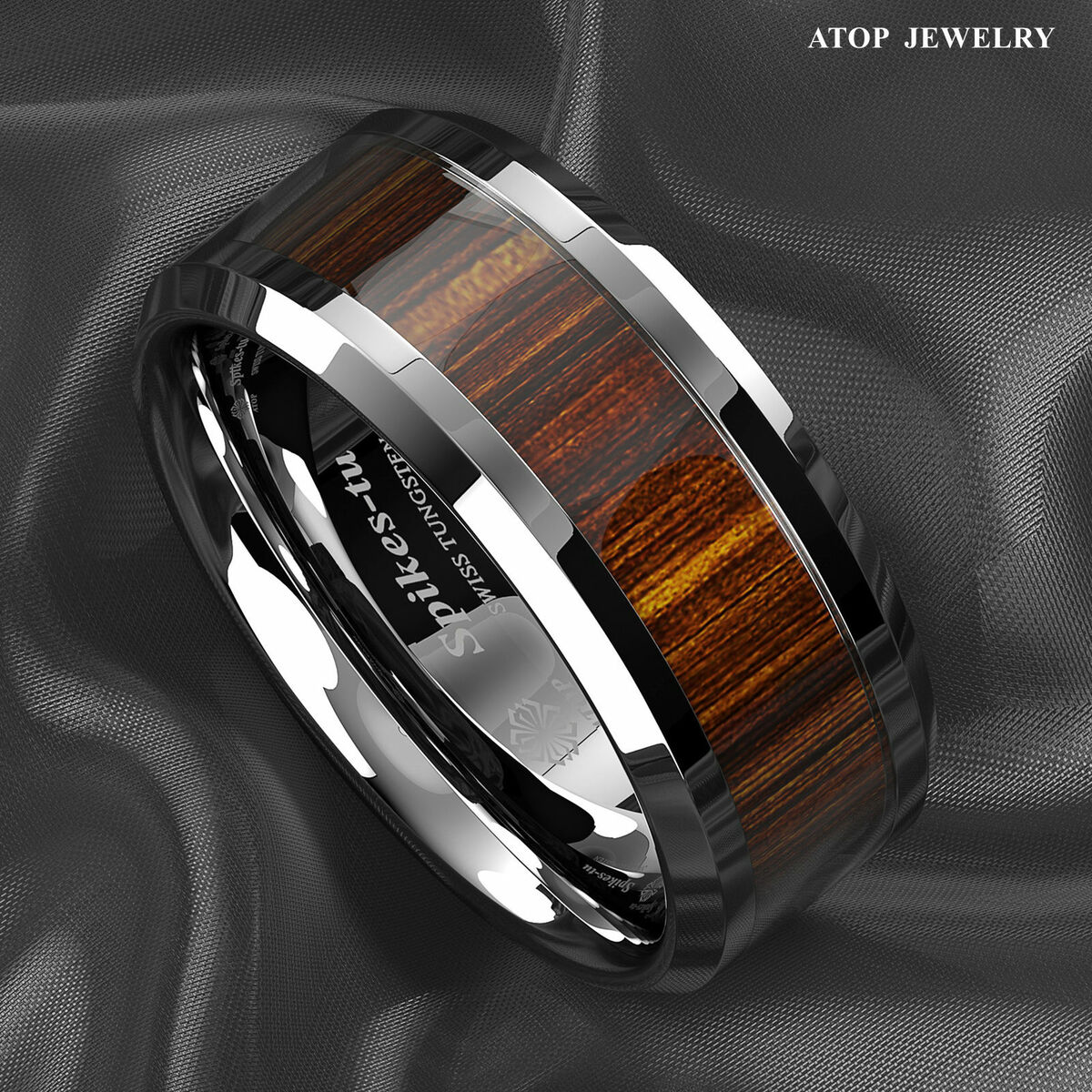 Men's Tungsten Carbide Ring Wood Inlay Beveled edge Wedding Band Ring