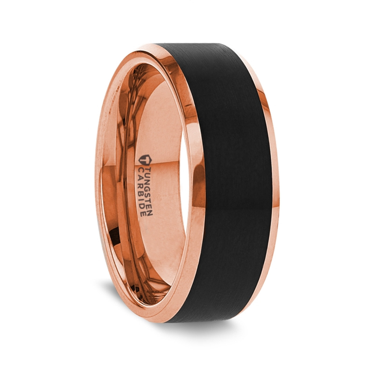 Gold Plated Tungsten Polished Beveled Ring with Brushed Black Center