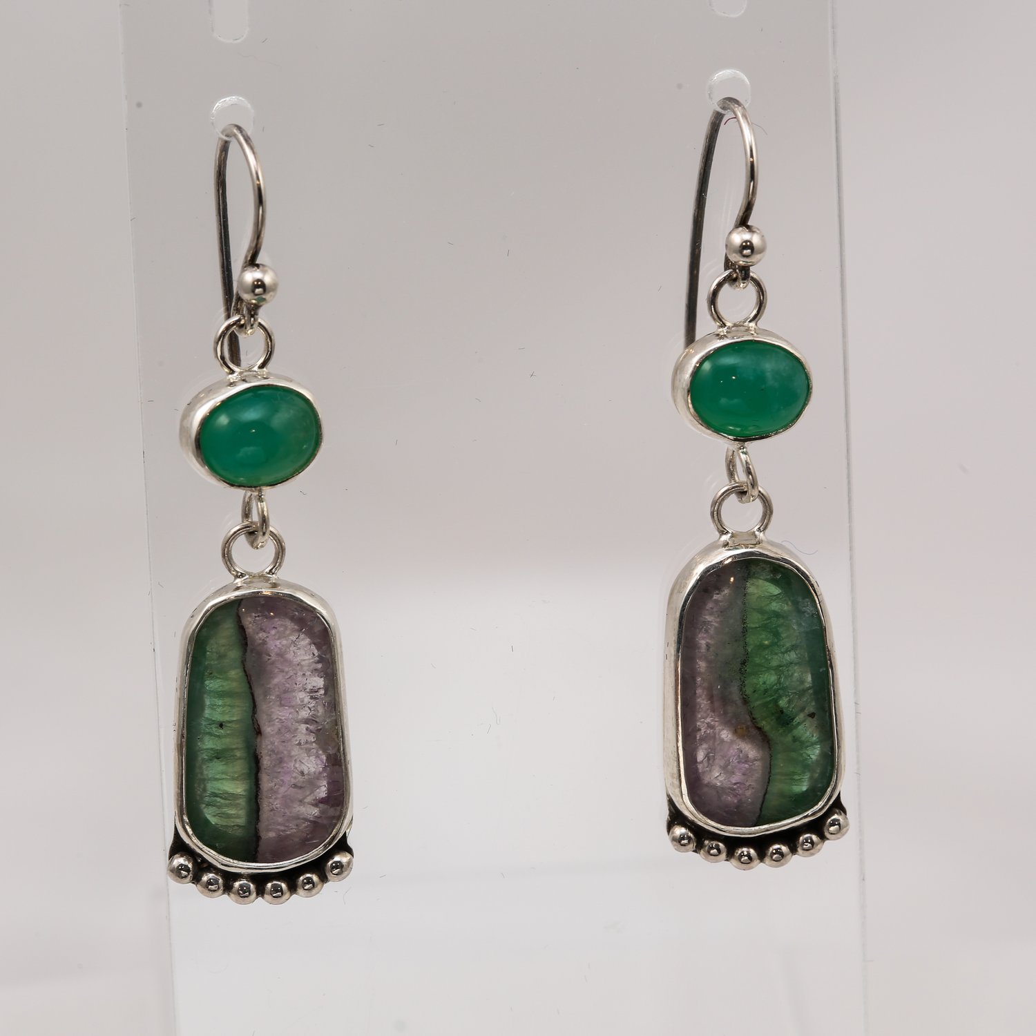 Fluorite & Amethyst earrings with Chrysoprase