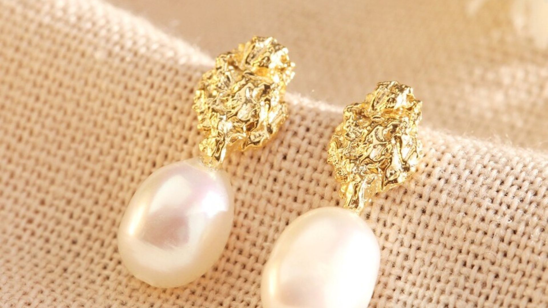 Gold Organic Finish Pearl Drop Earrings