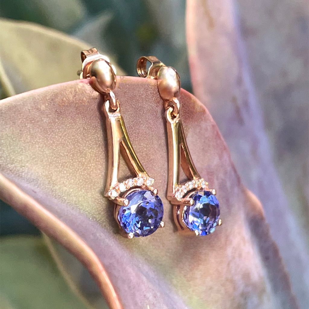 Round Cut Tanzanite and Rose Gold Drop Earrings