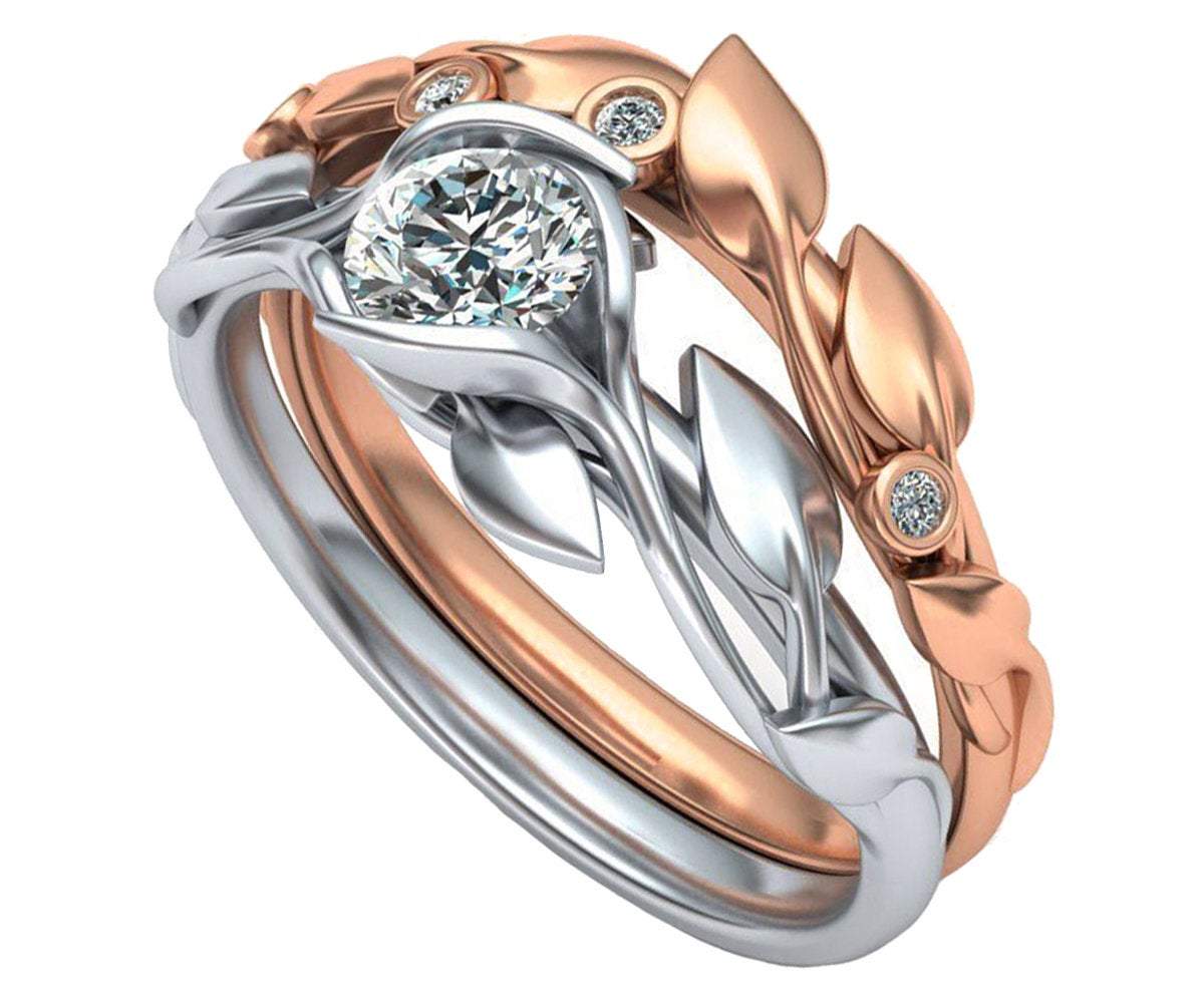 2 Tone Ring Set White and Rose Gold Leaves
