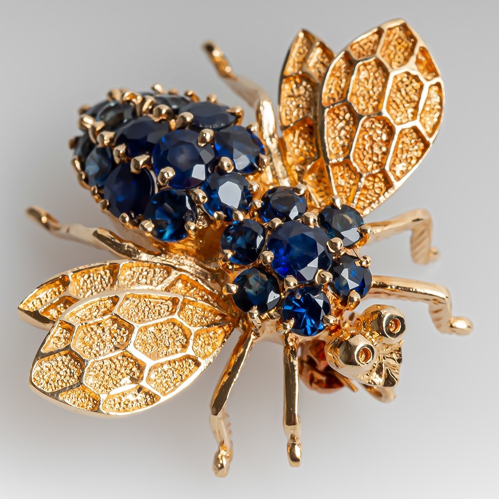 Blue Sapphire Bee Pin Brooch 14K Yellow Gold