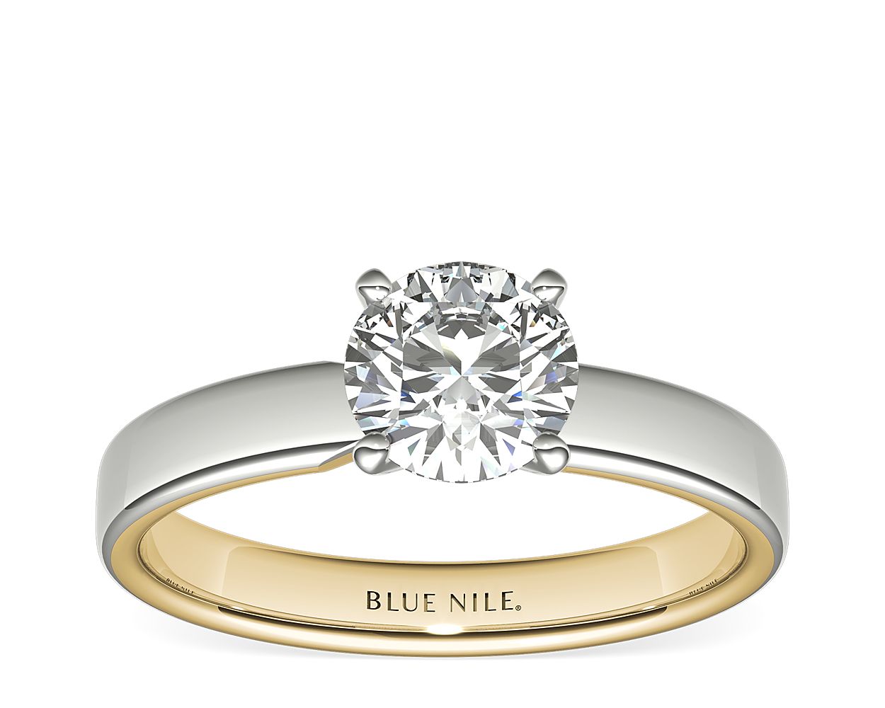 Polish Two-Tone Solitaire Diamond Engagement Ring in 14k White and Yellow Gold