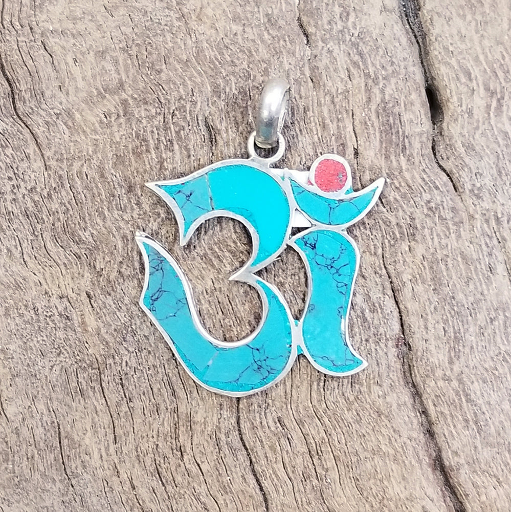 Om And Gemstone Silver Pendant