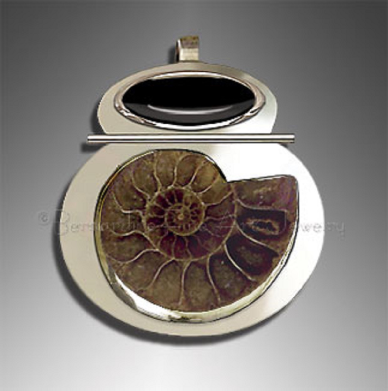 A number-eight-shaped fossil pendant in silver with black onyx and ammonite