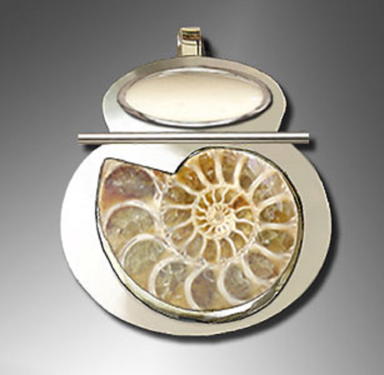 A number-eight-shaped fossil pendant in silver with white onyx and ammonite