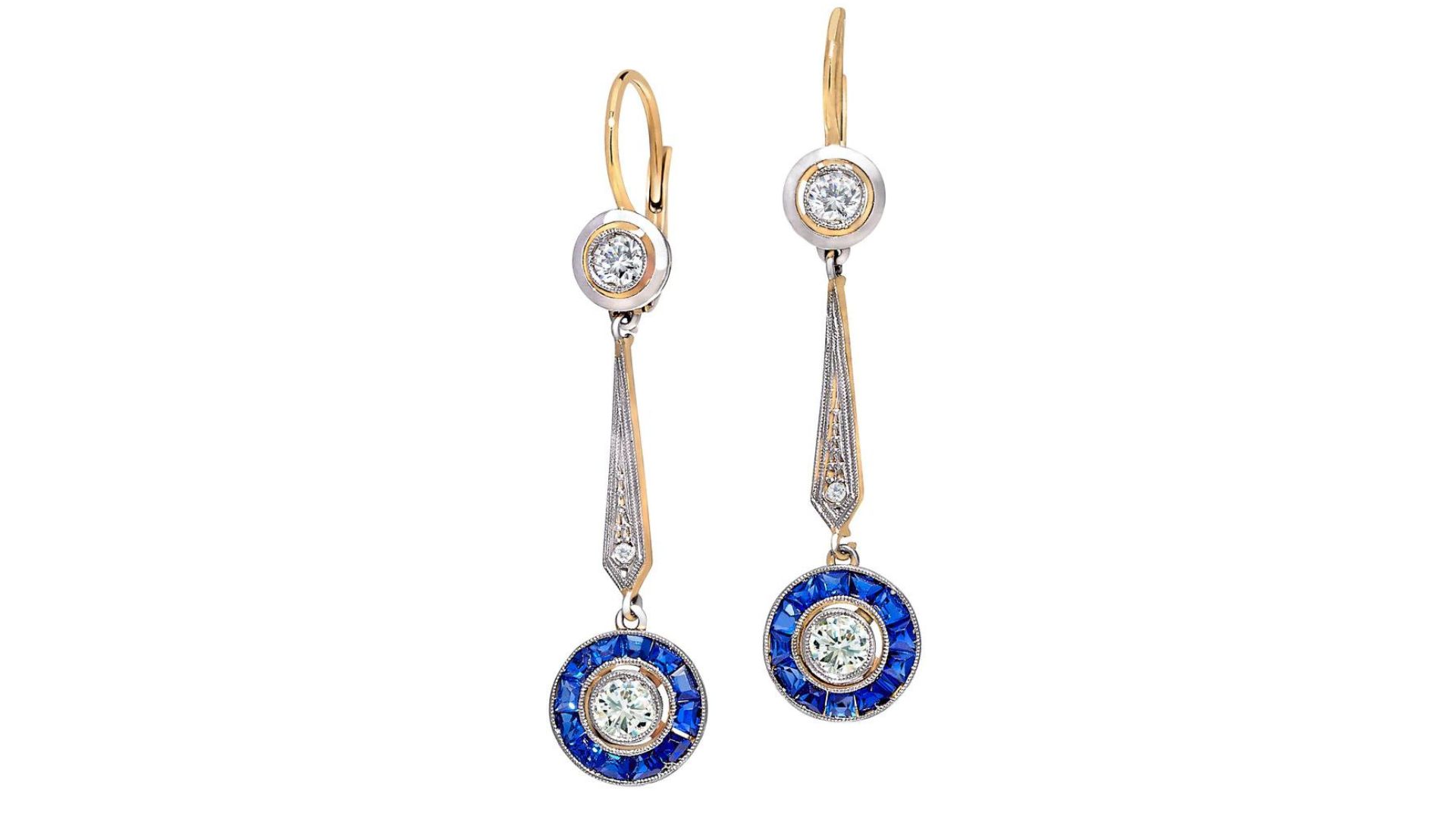 Art Deco Diamond and Sapphire Drop Earrings in 18kt white gold