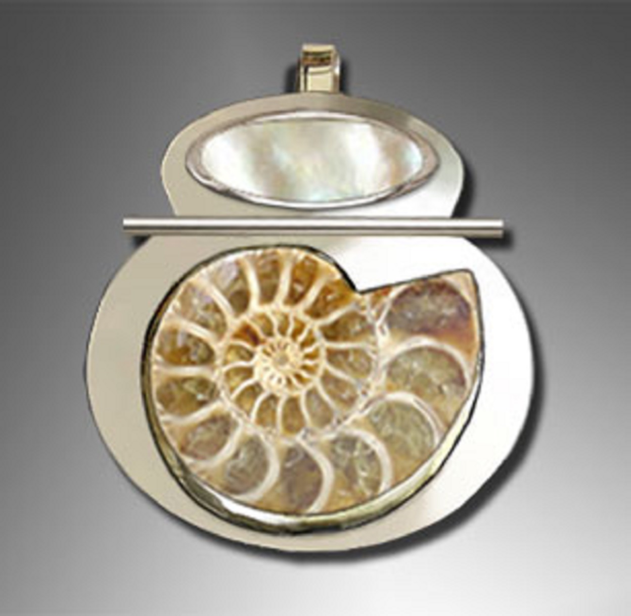A number-eight-shaped pendant in silver with mother of pearl and ammonite