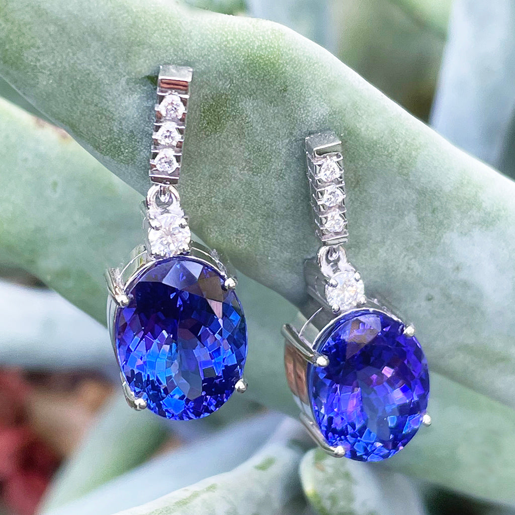 Handcrafted Oval Cut Drop Tanzanite and Diamond Earrings