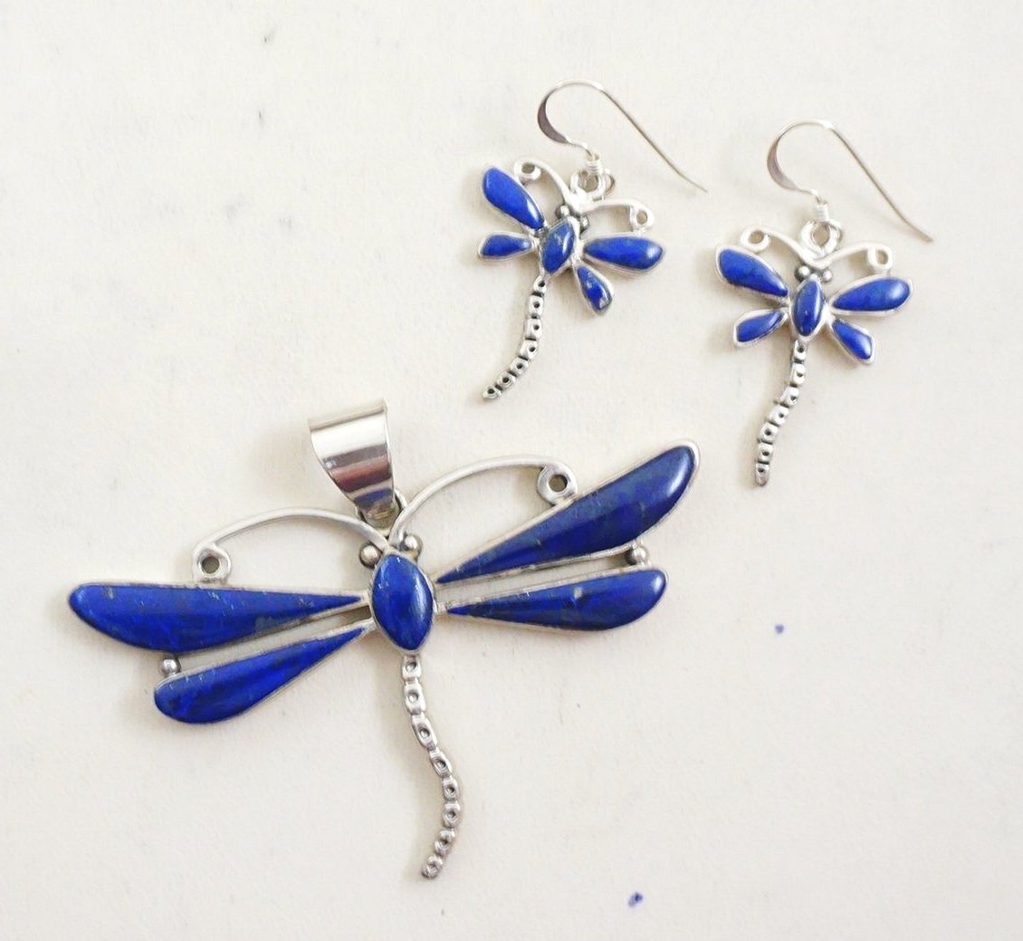 Navajo Lapis Lazuli Dragonfly Sterling Silver Pendant