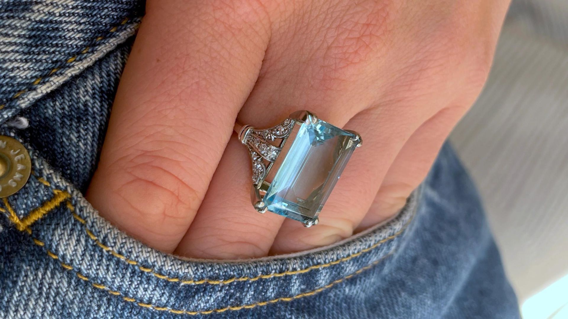 Art Deco Platinum, Aquamarine and Diamond Cocktail Ring