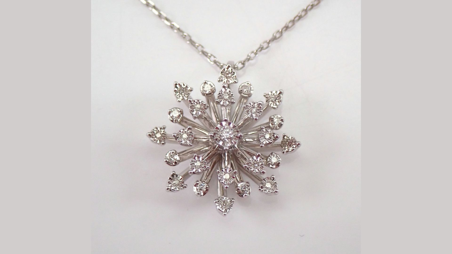 White Gold Diamond Snowflake Sun Starburst Pendant