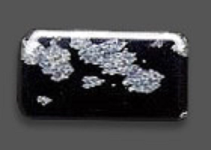 A rectangular black snowflake obsidian with curved edges and big white map-like patches