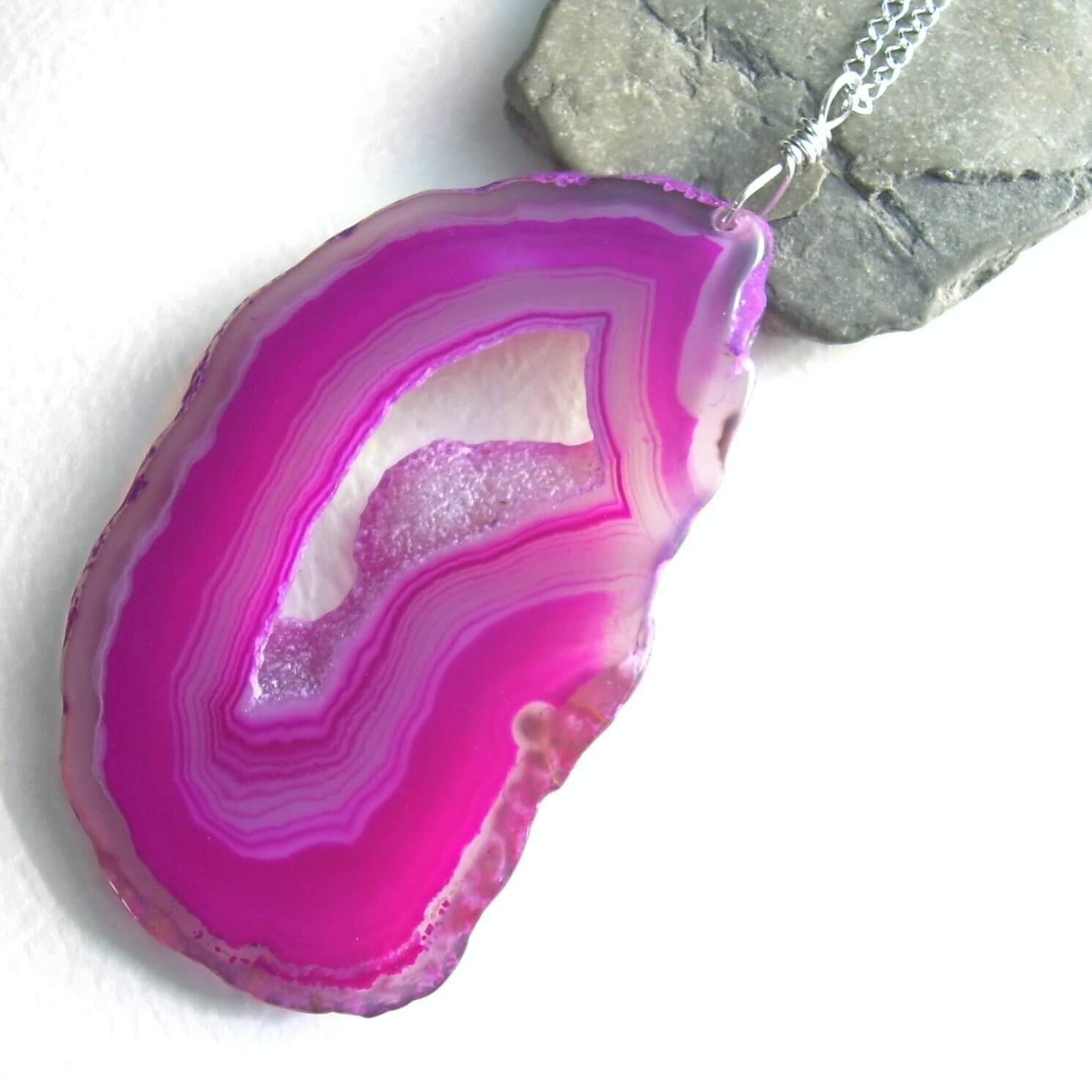 Hot Pink Druzy Necklace, Geode Agate Slice Pendant