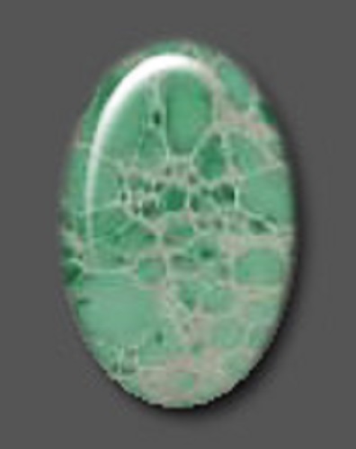 A polished oval-shaped variscite in aquamarine shade, with small and big patches in similar shade but darker