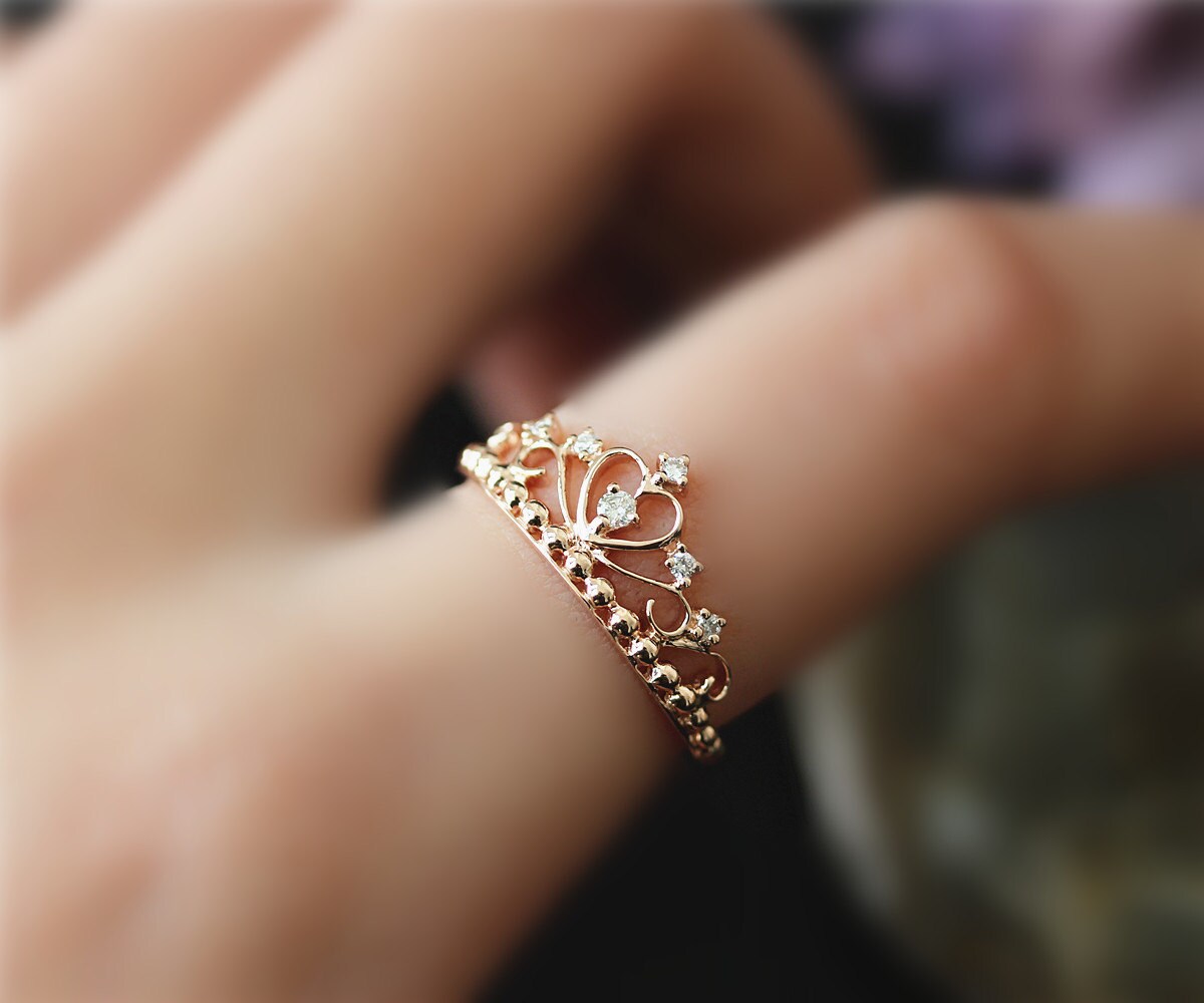 Natural Diamond Wedding Ring Crown Design Solid 14K Rose Gold