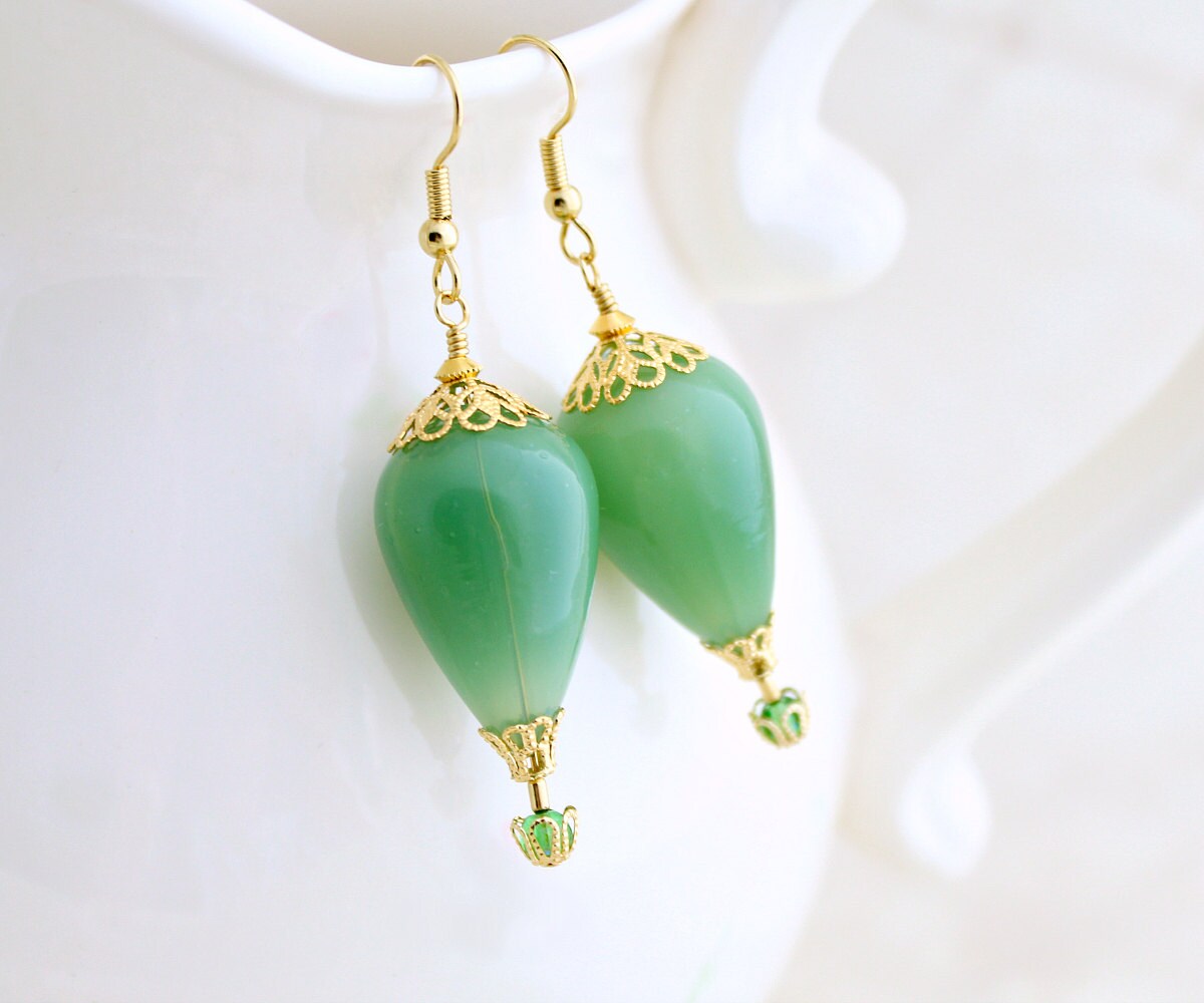 Jade Green & Gold Hot Air Balloon Earrings Blown Glass Beads