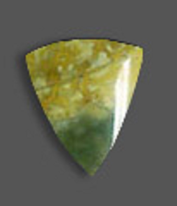 A polished jasper in an inverted triangle position but with curved sides and in two major shades, with one darker