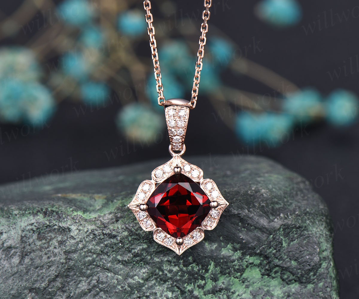 Flower halo real diamond red garnet necklace