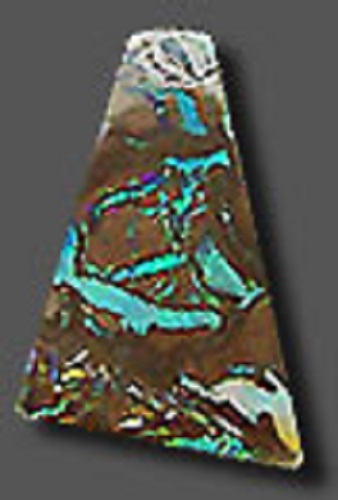 A polished triangular but with a flat top Yowah opal with strips of blue shade